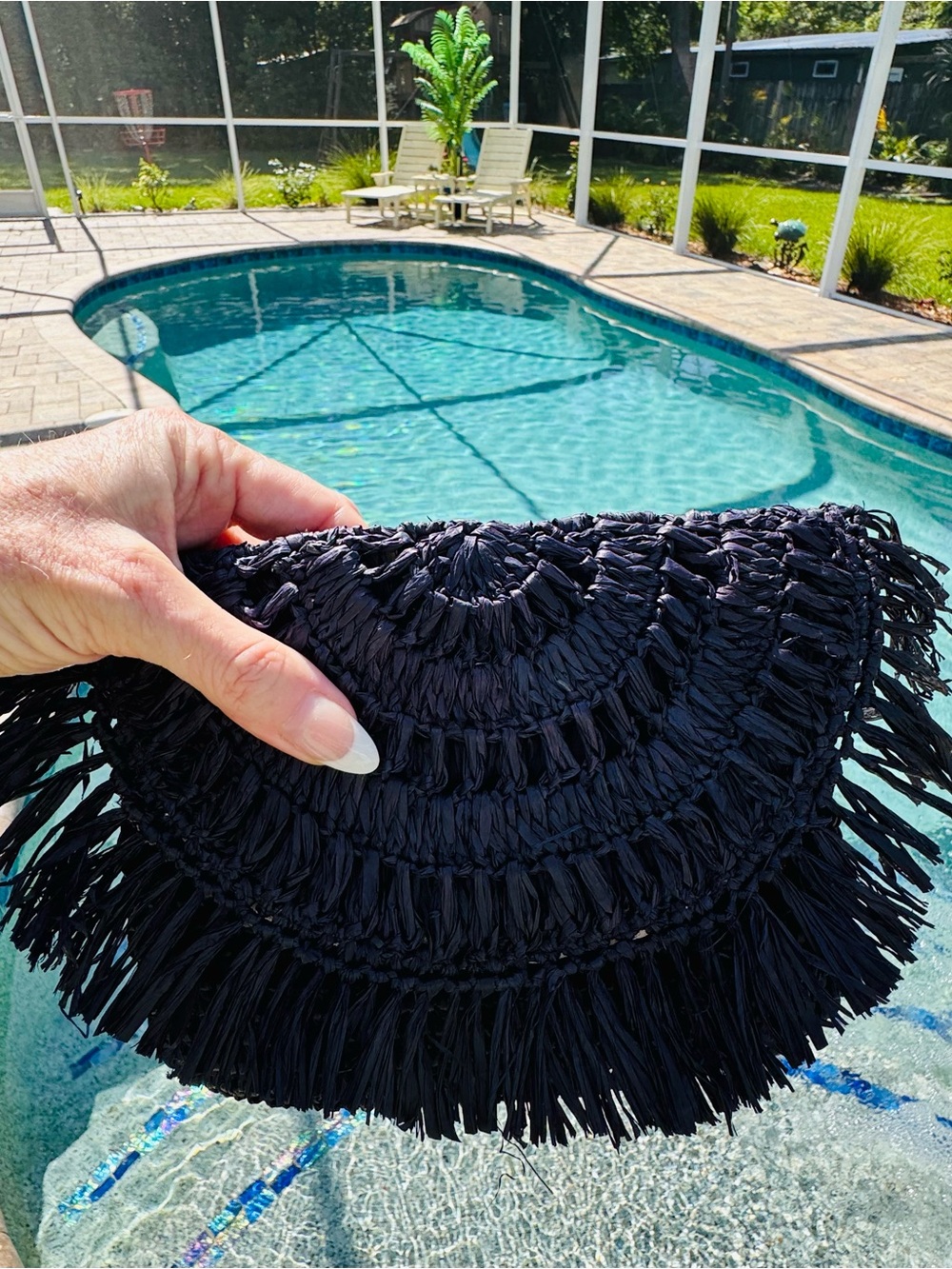 Handwoven Fringe Half-Moon Clutch in Black